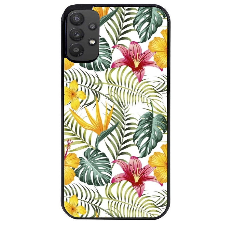Coque noire taperso pour galaxy A22 A32 A52 A52S 4G 5G  avec motif jungle et fleur hibiscus protection antichoc personnalisée