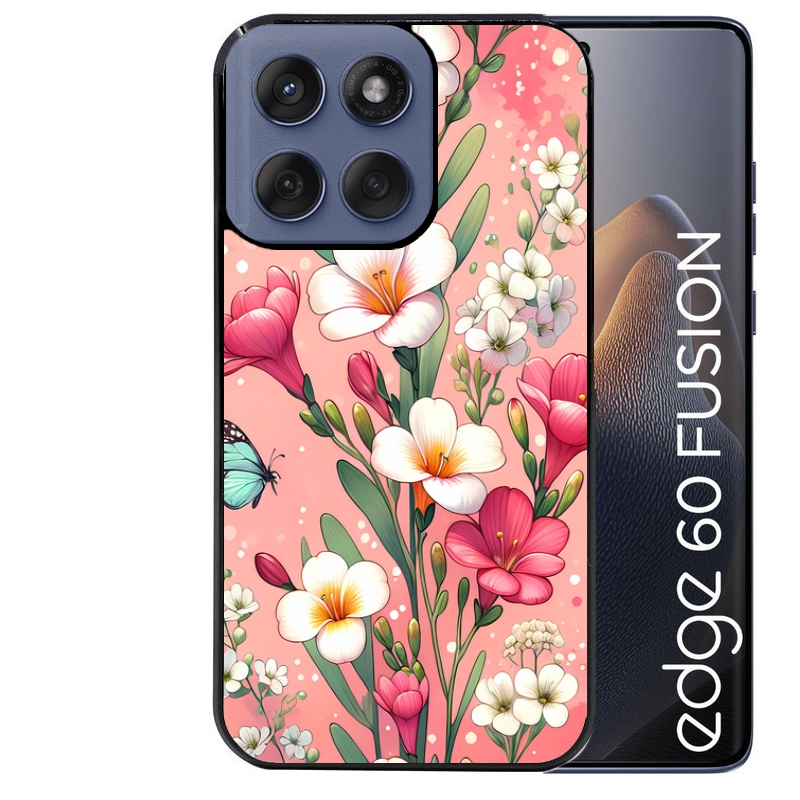 Coque noire taperso pour Moto Edge 60 et Neo Fusion Pro avec motif fleur rose protection antichoc personnalisée