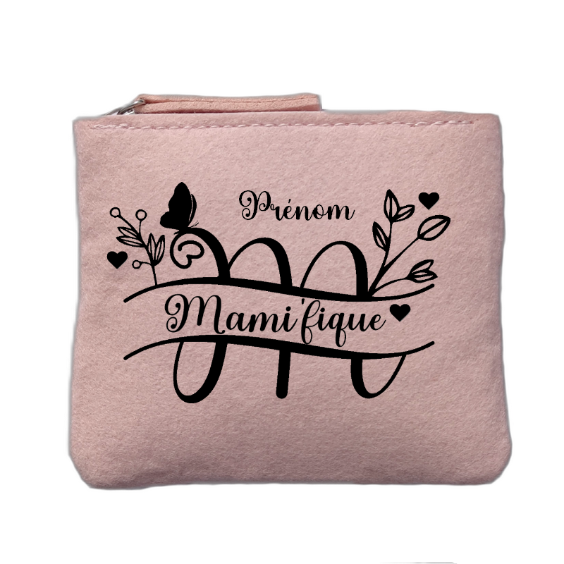 Porte monnaie personnalisé motif mamie magnifique rose clair en feutrine en feutrine