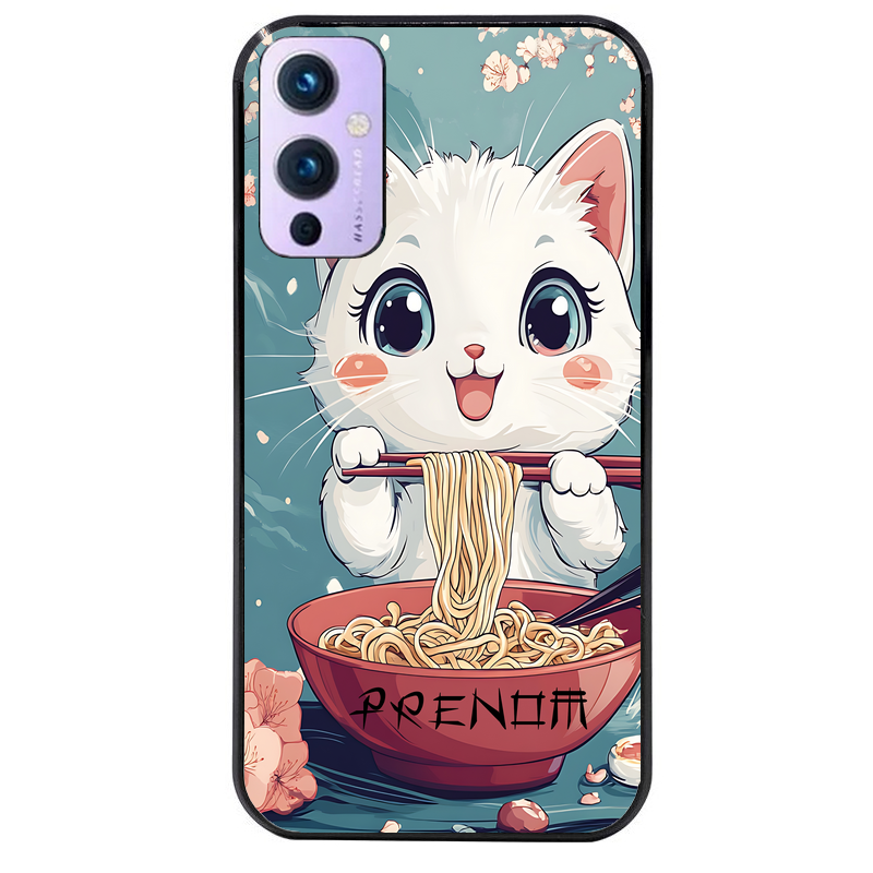 Coque noire taperso pour OnePlus 9 et 9 PRO avec motif chat ramen cerisier protection antichoc personnalisée