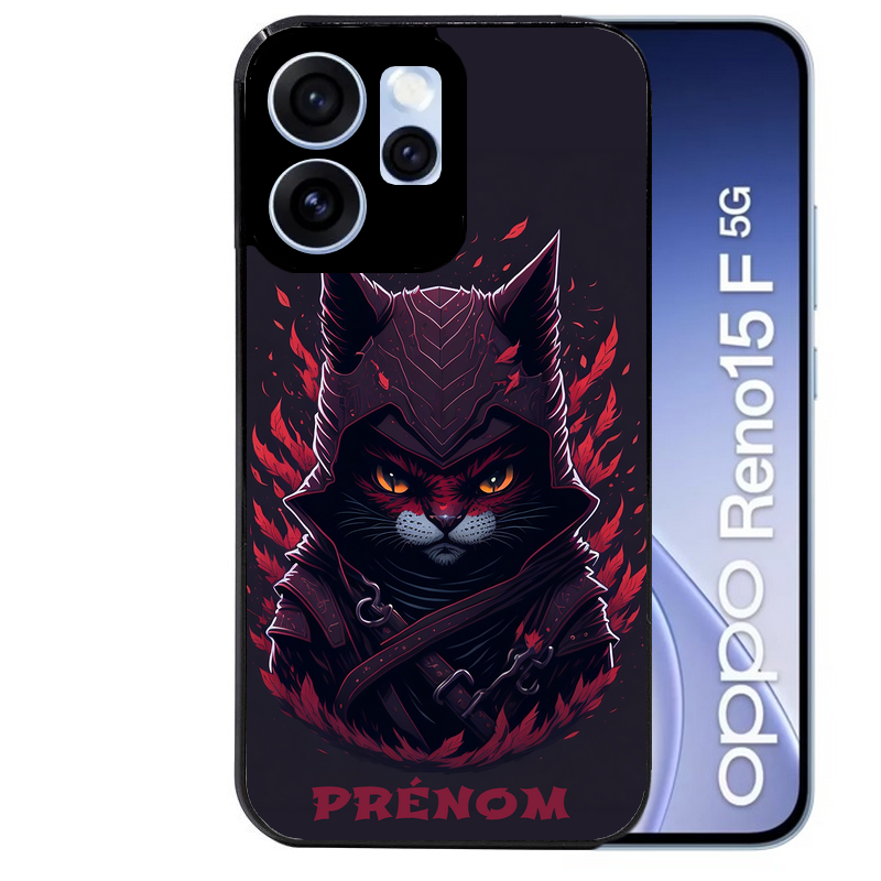 Coque noire taperso pour OPPO Reno 15 et F FS 5G avec motif chat samourai personnalise protection antichoc personnalisée
