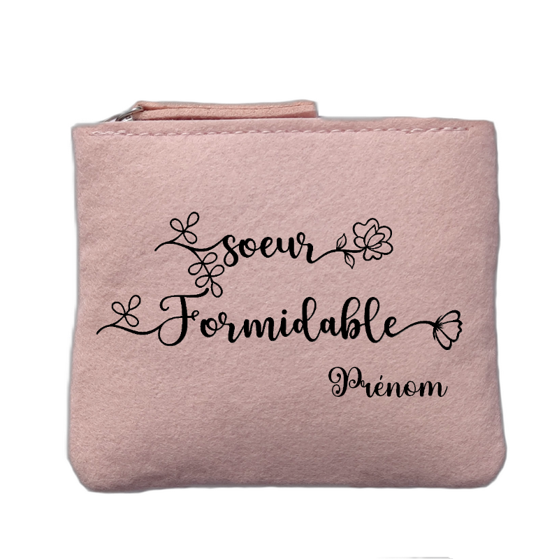 Porte monnaie personnalisé motif soeur formidable rose clair en feutrine en feutrine
