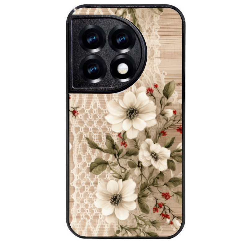 Coque noire taperso pour OnePlus 11 et 12 avec motif bois et dentelle 2 protection antichoc personnalisée