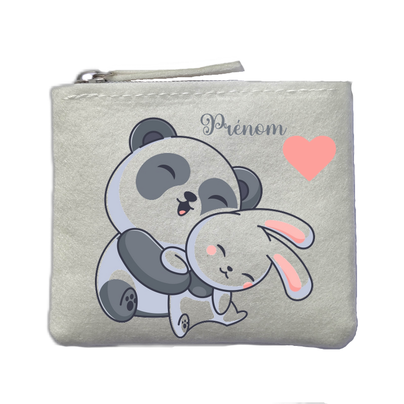 Porte monnaie personnalisé panda lapin ivoire en feutrine en feutrine ivoire