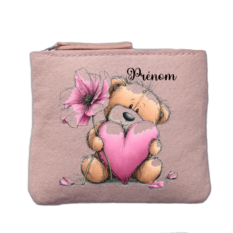 Porte monnaie personnalisé motif ourson fleurs rose clair en feutrine en feutrine