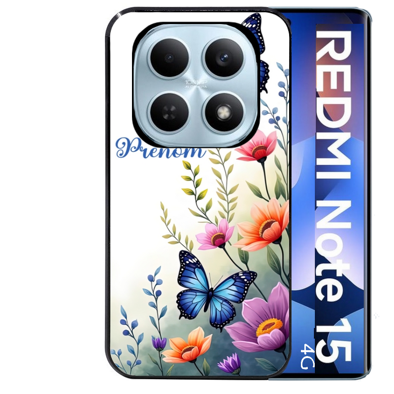 Coque noire taperso pour Redmi Note 15 et PRO PLUS 4G 5G avec motif papillon prenom personnalisee protection antichoc personnalisée