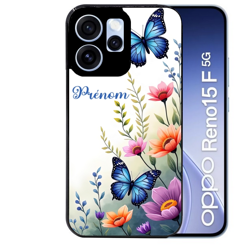 Coque noire taperso pour OPPO Reno 15 et F FS 5G avec motif papillon prenom personnalisee protection antichoc personnalisée