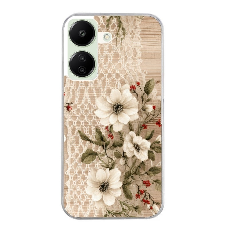 Coque taperso pour POCO C65 4G avec motif bois et dentelle 2 protection antichoc personnalisée