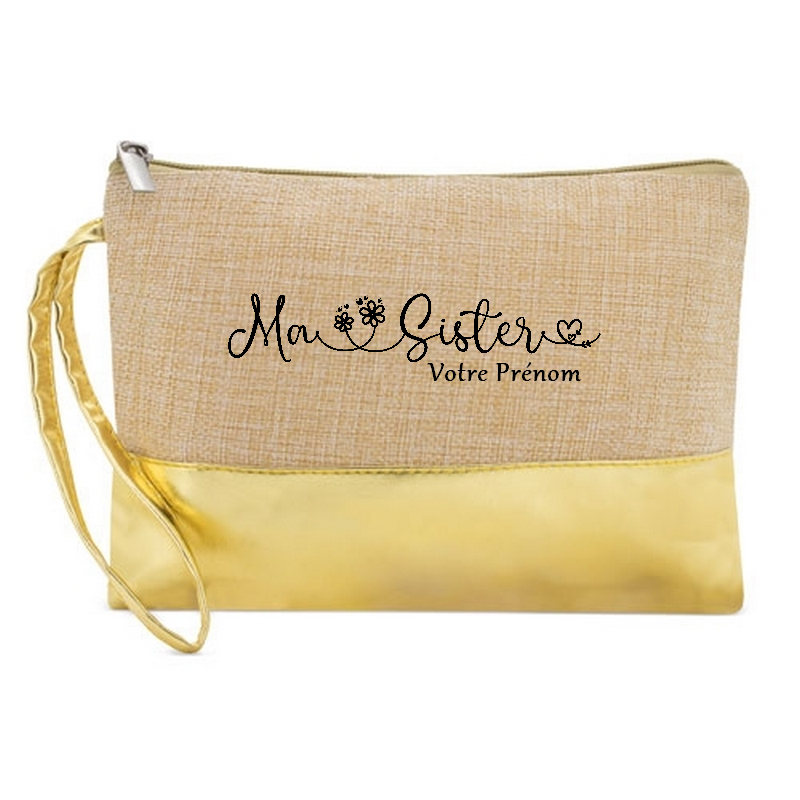 Pochette personnalisée ma sister en jute et doré en jute et doré