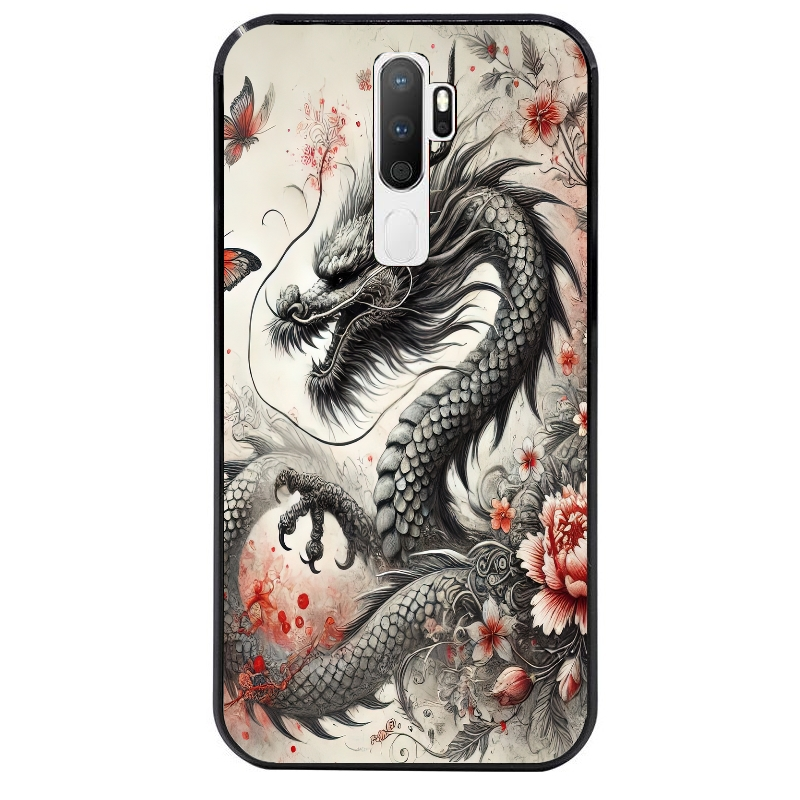 Coque noire taperso pour OPPO A5 A9 2020 avec motif dragon japan protection antichoc personnalisée