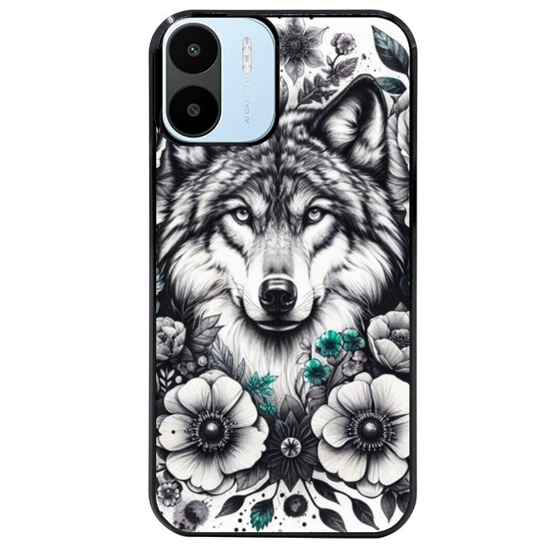 Coque noire taperso pour Redmi A1 et A2 avec motif loup et fleur protection antichoc personnalisée