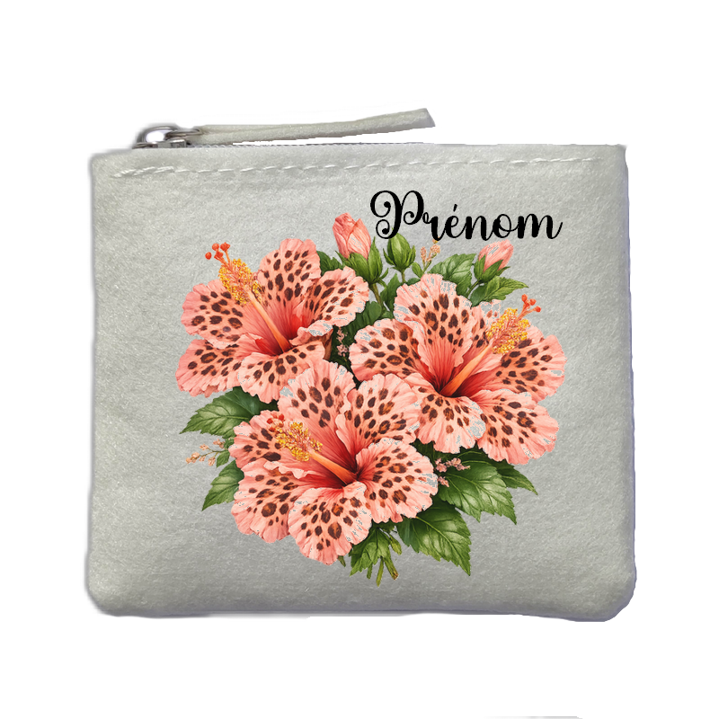 Porte monnaie personnalisé fleur bouquet leopard ivoire en feutrine en feutrine ivoire