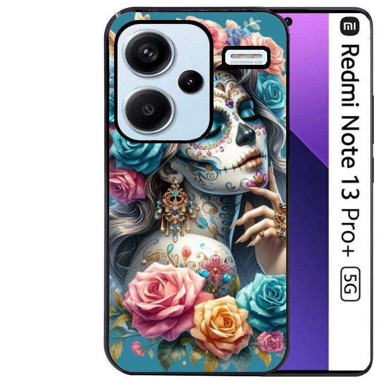 Coque noire taperso pour Redmi Note 13 PRO PLUS 5G avec motif tete de mort calavera bleu protection antichoc personnalisée