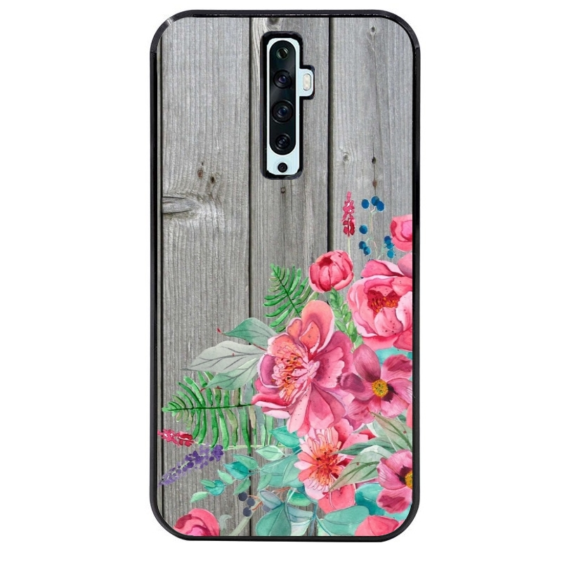 Coque noire taperso pour OPPO Reno 2 et 2Z avec motif bois gris et fleur rose protection antichoc personnalisée