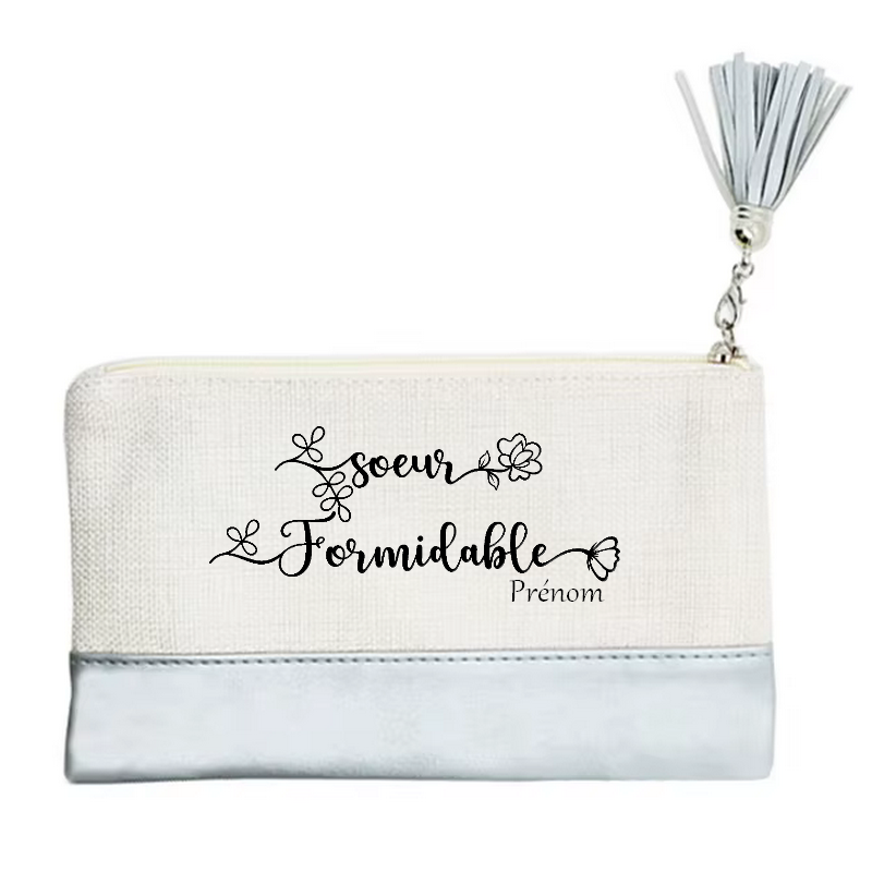Pochette personnalisée motif soeur formidable en toile et simili cuir personnalisée