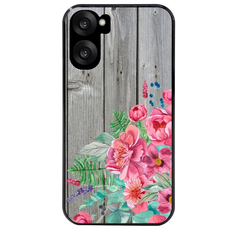 Coque noire taperso pour OnePlus Nord CE5 avec motif bois gris et fleur rose protection antichoc personnalisée