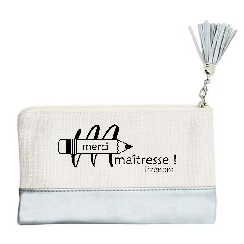 Pochette personnalisée motif maitresse merci crayon en toile et simili cuir personnalisée