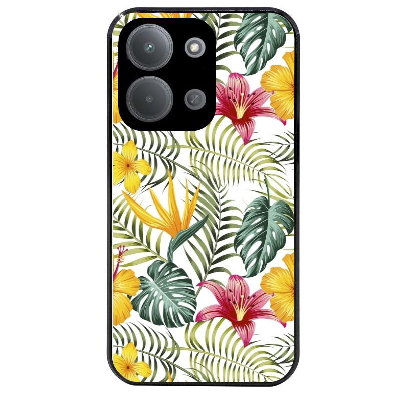 Coque noire taperso pour POCO C85 avec motif jungle et fleur hibiscus protection antichoc personnalisée
