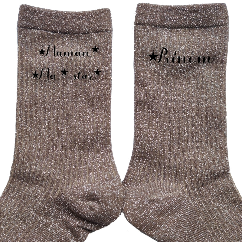Chaussettes personnalisée paillettes bronze motif maman star
