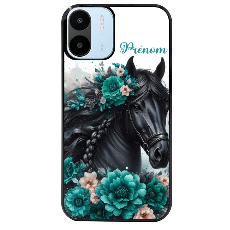 Coque noire taperso pour Redmi A1 et A2 avec motif cheval et fleurs personnalisee protection antichoc personnalisée
