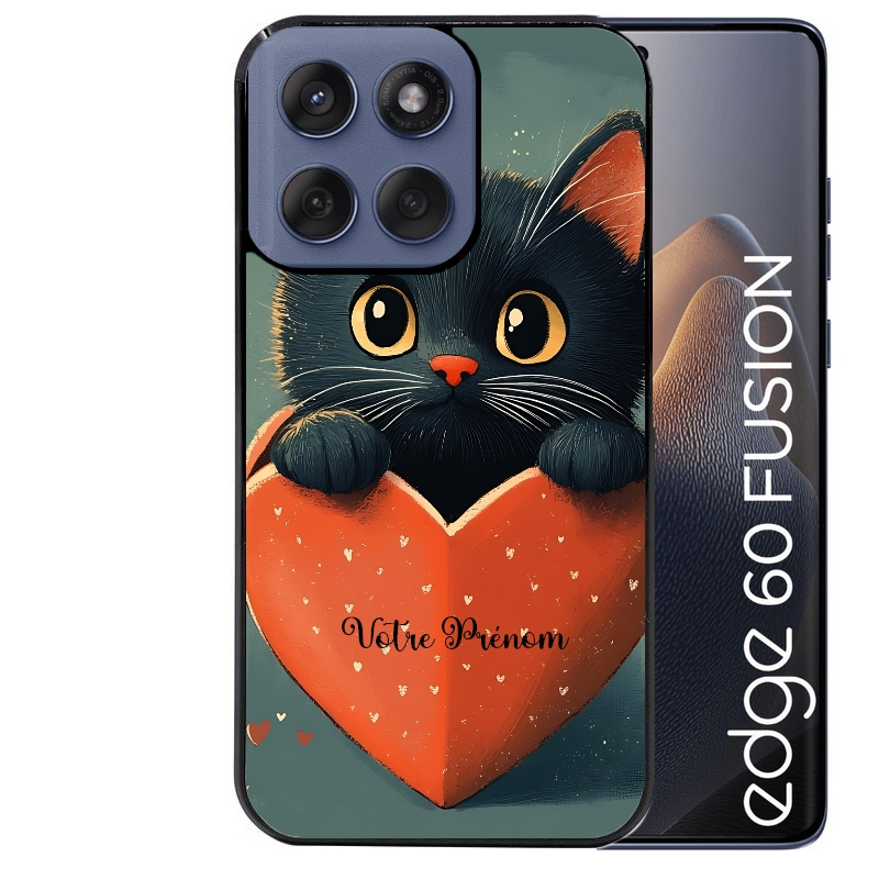 Coque noire taperso pour Moto Edge 60 et Neo Fusion Pro avec motif chat et coeur avec prenom protection antichoc personnalisée