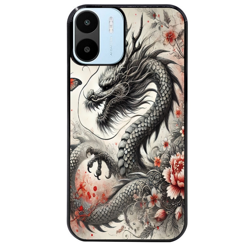 Coque noire taperso pour Redmi A1 et A2 avec motif dragon japan protection antichoc personnalisée