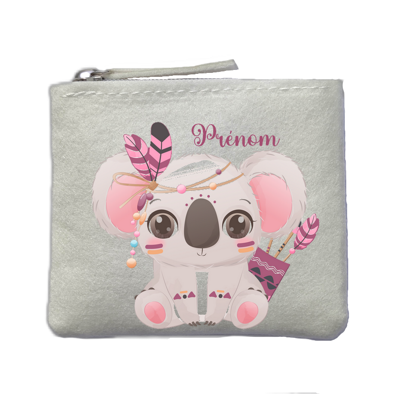 Porte monnaie personnalisé koala boho ivoire en feutrine en feutrine ivoire