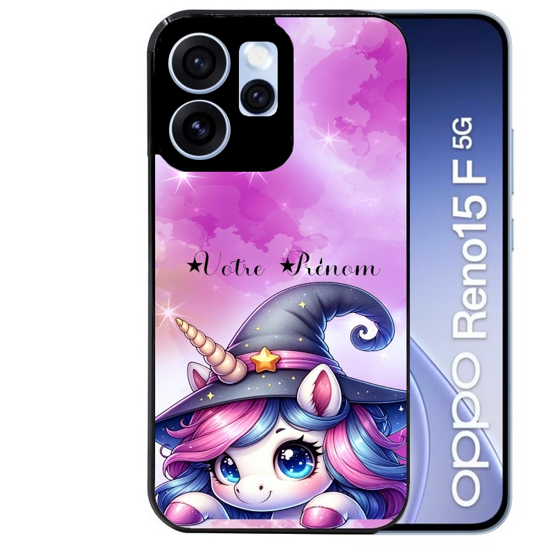 Coque noire taperso pour OPPO Reno 15 et F FS 5G avec motif licorne magic avec prenom protection antichoc personnalisée