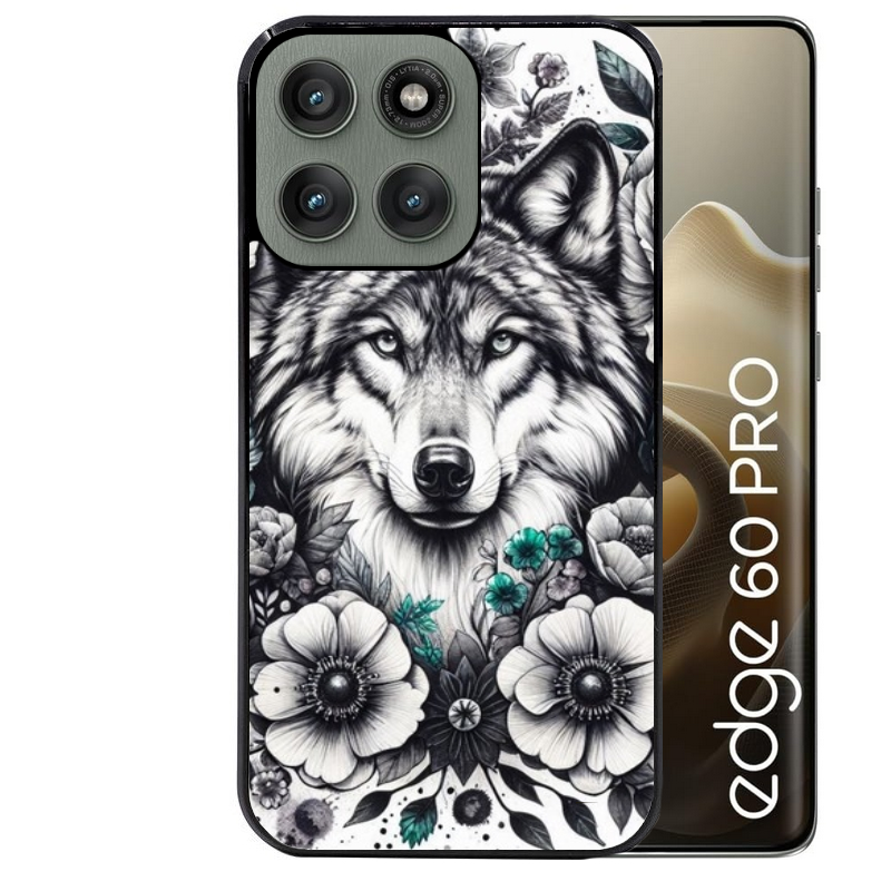Coque noire taperso pour Moto Edge 60 et Neo Fusion Pro avec motif loup et fleur protection antichoc personnalisée