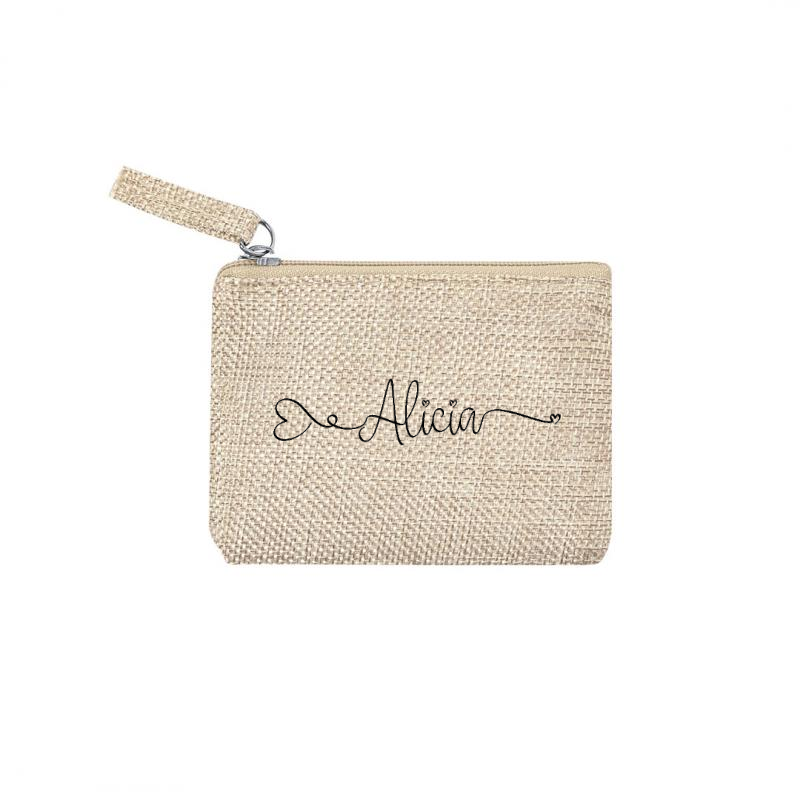Pochette personnalisée prénom double cœur en jute et doré en jute et doré