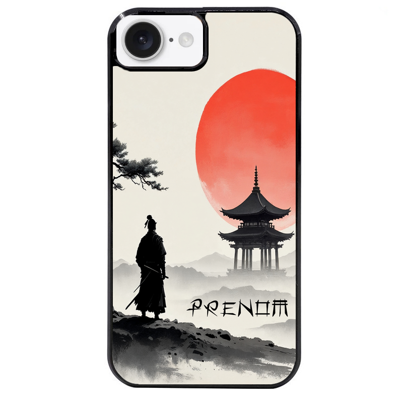 Coque noire taperso pour Iphone 16 16E PLUS MAX PRO avec motif samourai et temple personnalisee protection antichoc personnalisée