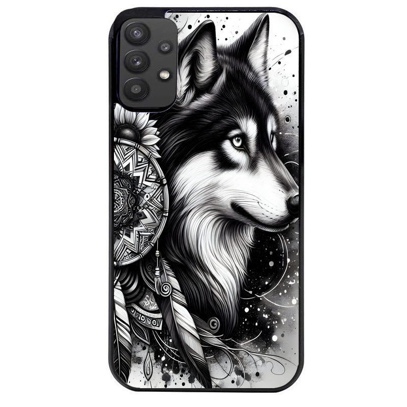 Coque noire taperso pour galaxy A22 A32 A52 A52S 4G 5G  avec motif loup dreamcatcher protection antichoc personnalisée