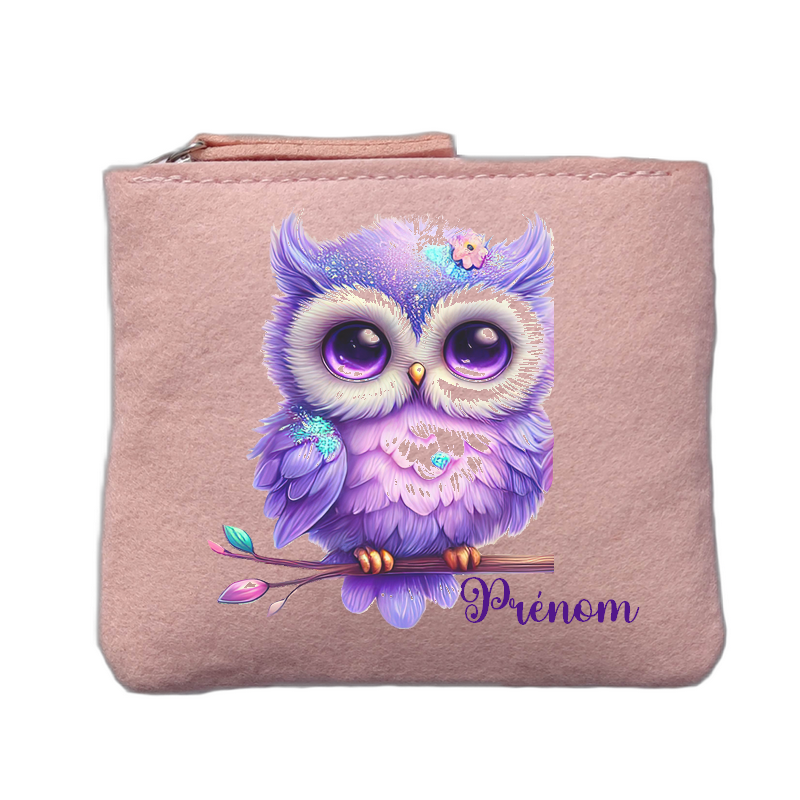 Porte monnaie personnalisé motif chouette coeur rose clair en feutrine en feutrine
