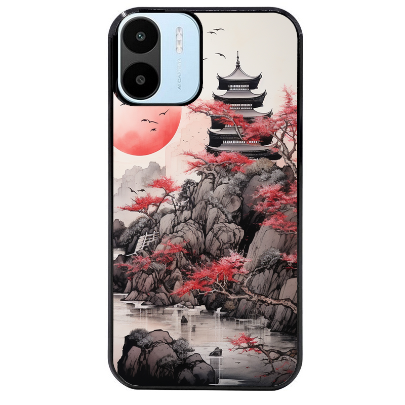 Coque noire taperso pour Redmi A1 et A2 avec motif japan et temple protection antichoc personnalisée