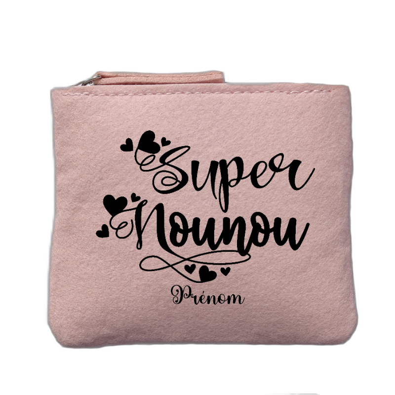 Porte monnaie personnalisé motif nounou super rose clair en feutrine en feutrine