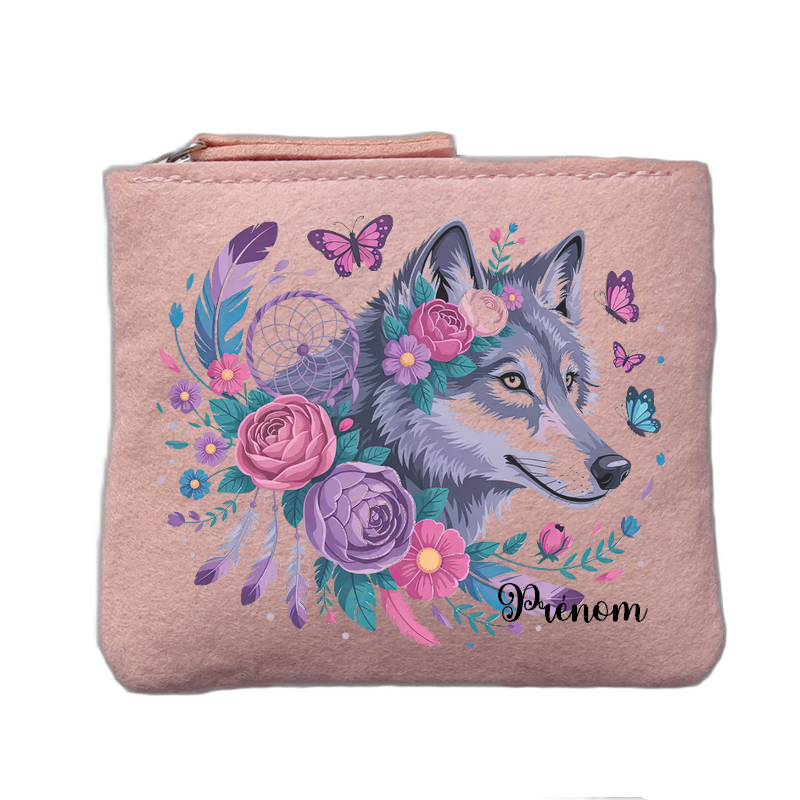 Porte monnaie personnalisé motif loup dreamcatcher rose clair en feutrine en feutrine
