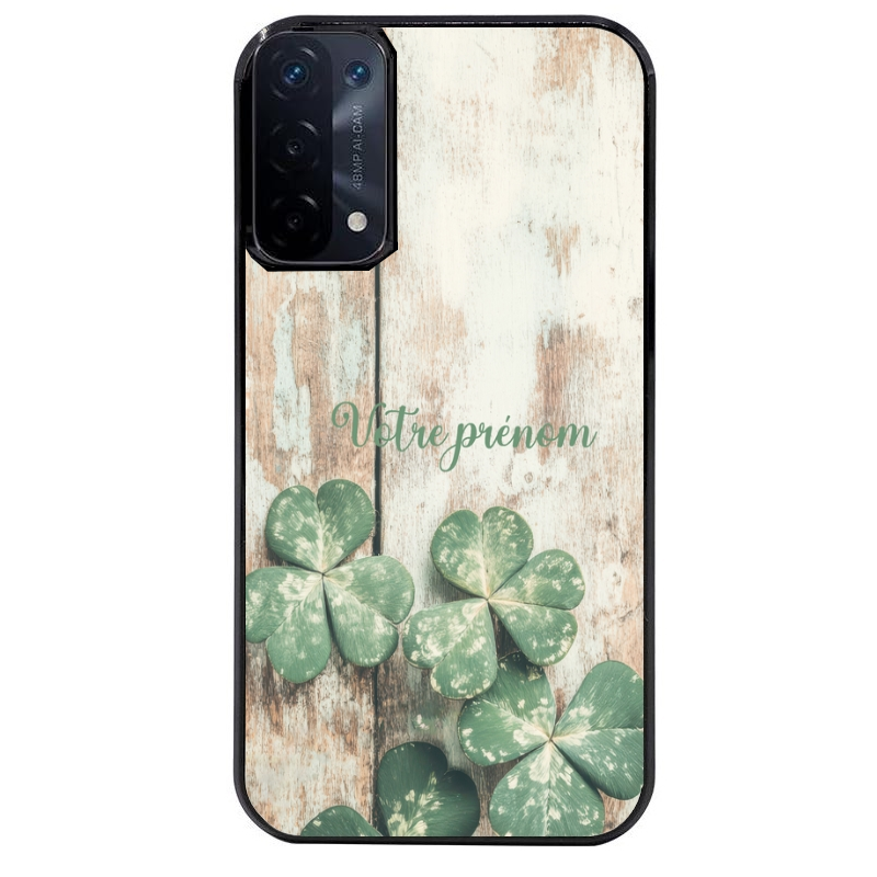 Coque noire taperso pour OPPO A54 et A74 5G avec motif bois et trefle personnalisee protection antichoc personnalisée