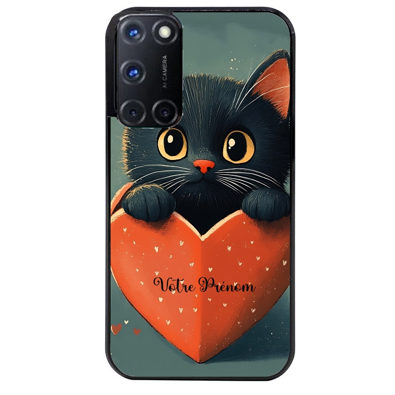 Coque noire taperso pour OPPO Reno 8 LITE avec motif chat et coeur avec prenom protection antichoc personnalisée
