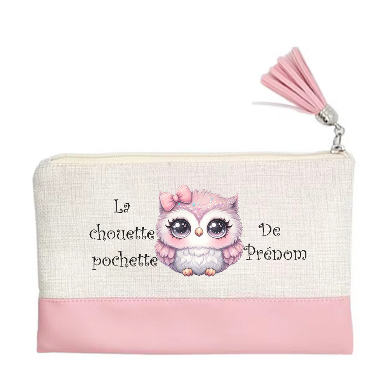 Pochette personnalisée motif chouette chibi en toile et simili cuir personnalisée