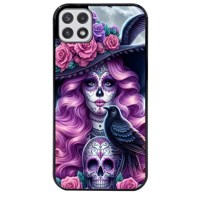 Coque noire taperso pour galaxy A22 A32 A52 A52S 4G 5G  avec motif tete de mort calavera et corbeau protection antichoc personnalisée