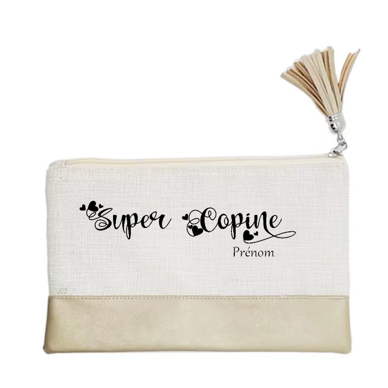 Pochette personnalisée motif super copine en toile et simili cuir personnalisée