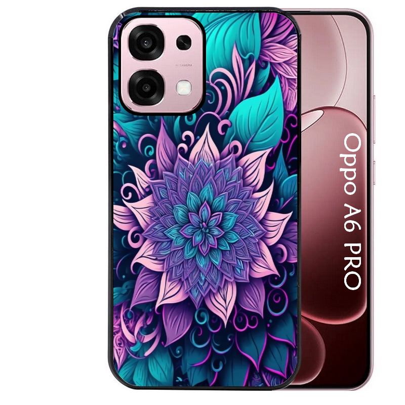 Coque noire taperso pour OPPO A6 PRO 4G et 5G avec motif tropical mandala et fleur violet protection antichoc personnalisée