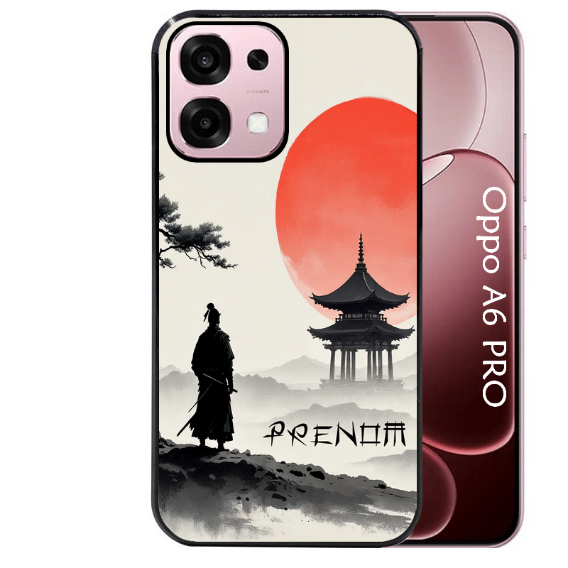 Coque noire taperso pour OPPO A6 PRO 4G et 5G avec motif samourai et temple personnalisee protection antichoc personnalisée