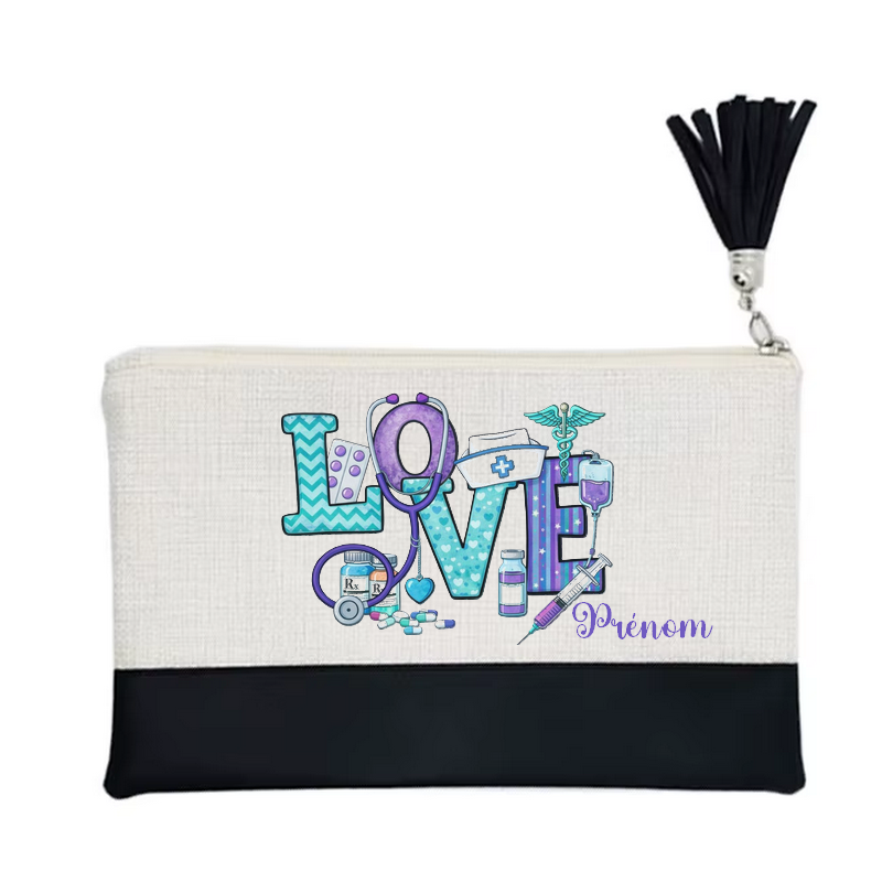 Pochette personnalisée motif love infirmiere en toile et simili cuir personnalisée