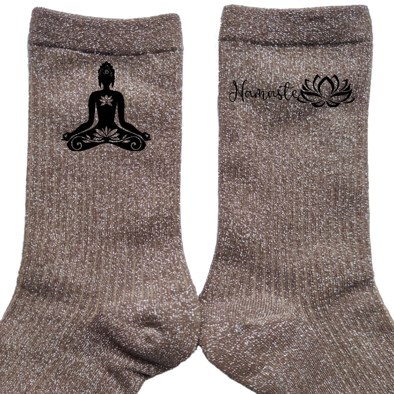 Chaussettes paillettes bronze motif bouddha namaste