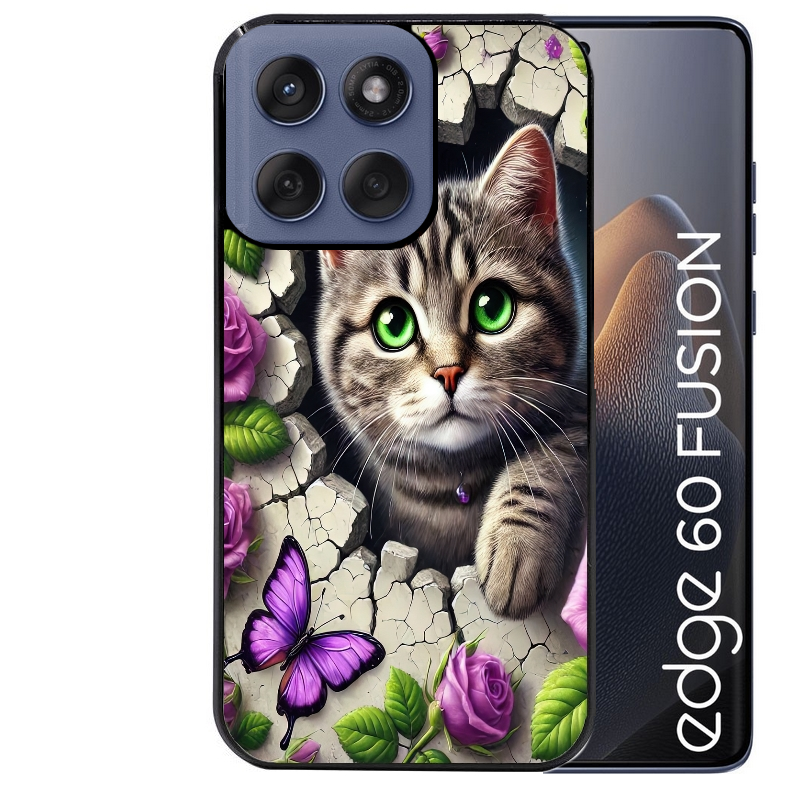 Coque noire taperso pour Moto Edge 60 et Neo Fusion Pro avec motif chat papillon 3 protection antichoc personnalisée