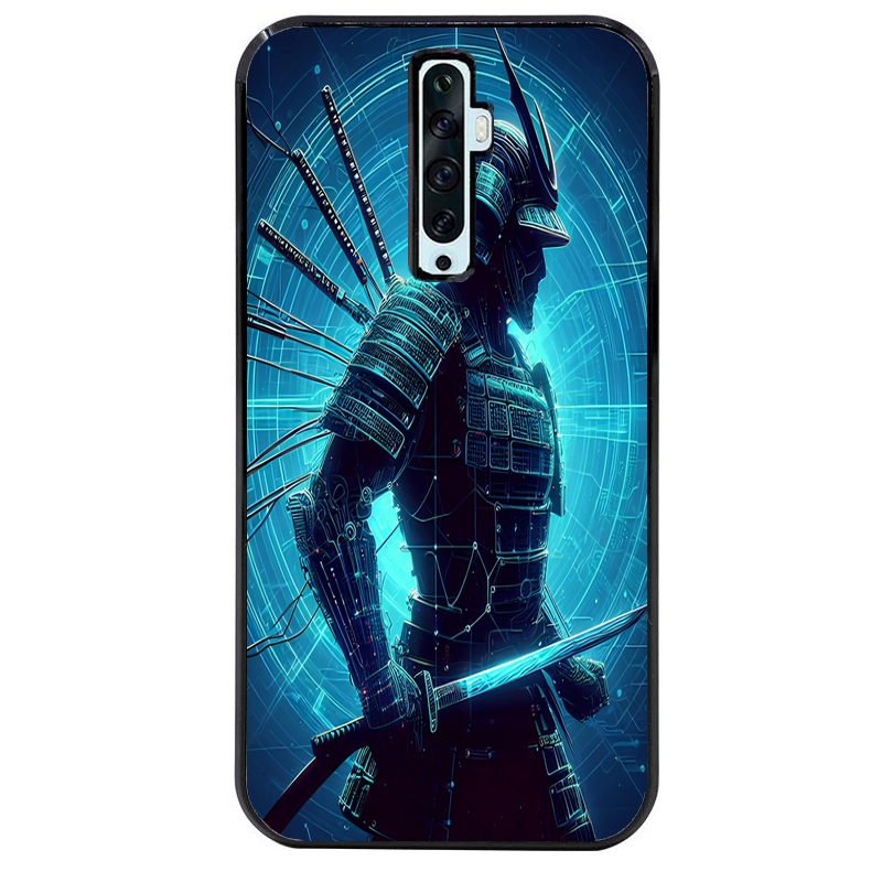 Coque noire taperso pour OPPO Reno 2 et 2Z avec motif samourai bleu protection antichoc personnalisée