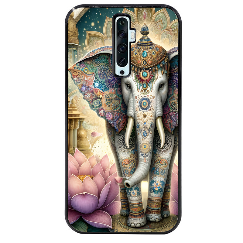 Coque noire taperso pour OPPO Reno 2 et 2Z avec motif elephant et lotus protection antichoc personnalisée