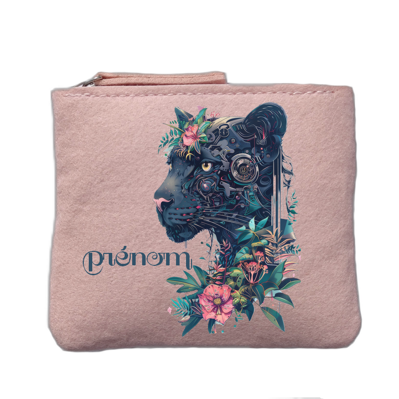 Porte monnaie personnalisé motif panthere fleurs rose clair en feutrine en feutrine