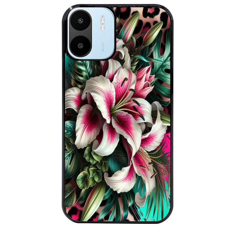 Coque noire taperso pour Redmi A1 et A2 avec motif leopard hibiscus protection antichoc personnalisée
